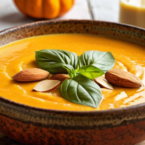 **

A vibrant, golden-orange creamy soup made with pumpkin puree, garnished with toasted almond slices and fresh basil leaves. The soup is served in a rustic ceramic bowl. In the background, various plant-based milk options (almond, oat, soy, coconut) are displayed in glass bottles, along with fresh pumpkins and herbs. Focus on creating a warm, inviting, and healthy autumn vibe.

**