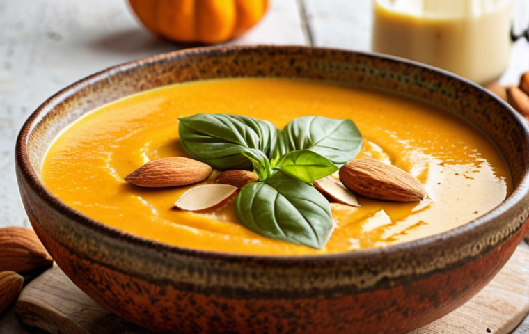 **

A vibrant, golden-orange creamy soup made with pumpkin puree, garnished with toasted almond slices and fresh basil leaves. The soup is served in a rustic ceramic bowl. In the background, various plant-based milk options (almond, oat, soy, coconut) are displayed in glass bottles, along with fresh pumpkins and herbs. Focus on creating a warm, inviting, and healthy autumn vibe.

**
