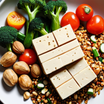 A vibrant and diverse plant-based meal featuring tofu, colorful vegetables, grains, and nuts, presented in an appealing, modern style, emphasizing health and sustainability.